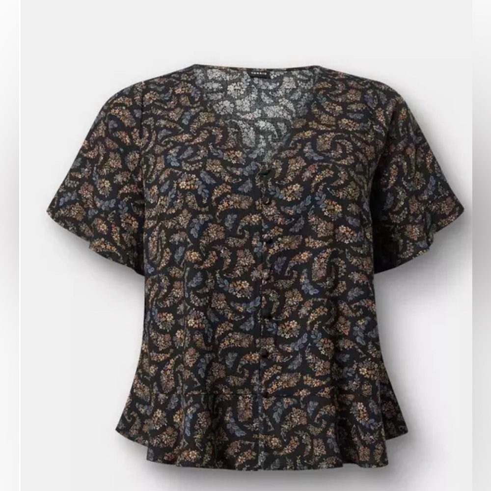 torrid Black Floral Paisley V-Neck Flutter Sleeve Top